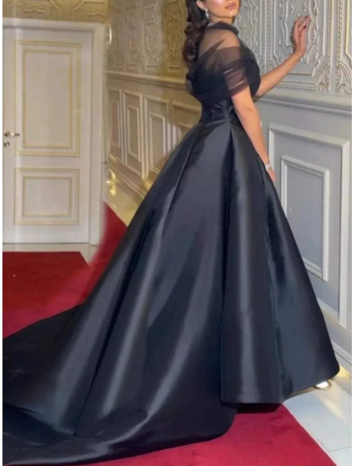Black A-Line Illusion Satin Short Sleeve Pleated Mini Evening Gown - Chloe Dress