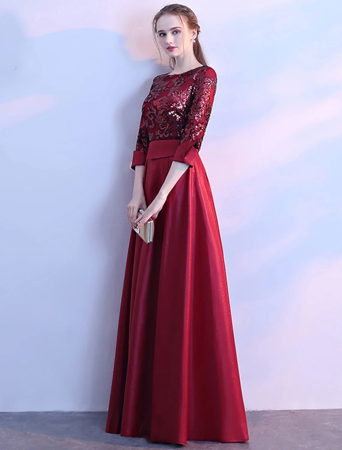 A-Line Satin Three-Quarter Sleeve Floor-Length Evening Dress - Chloe Dress