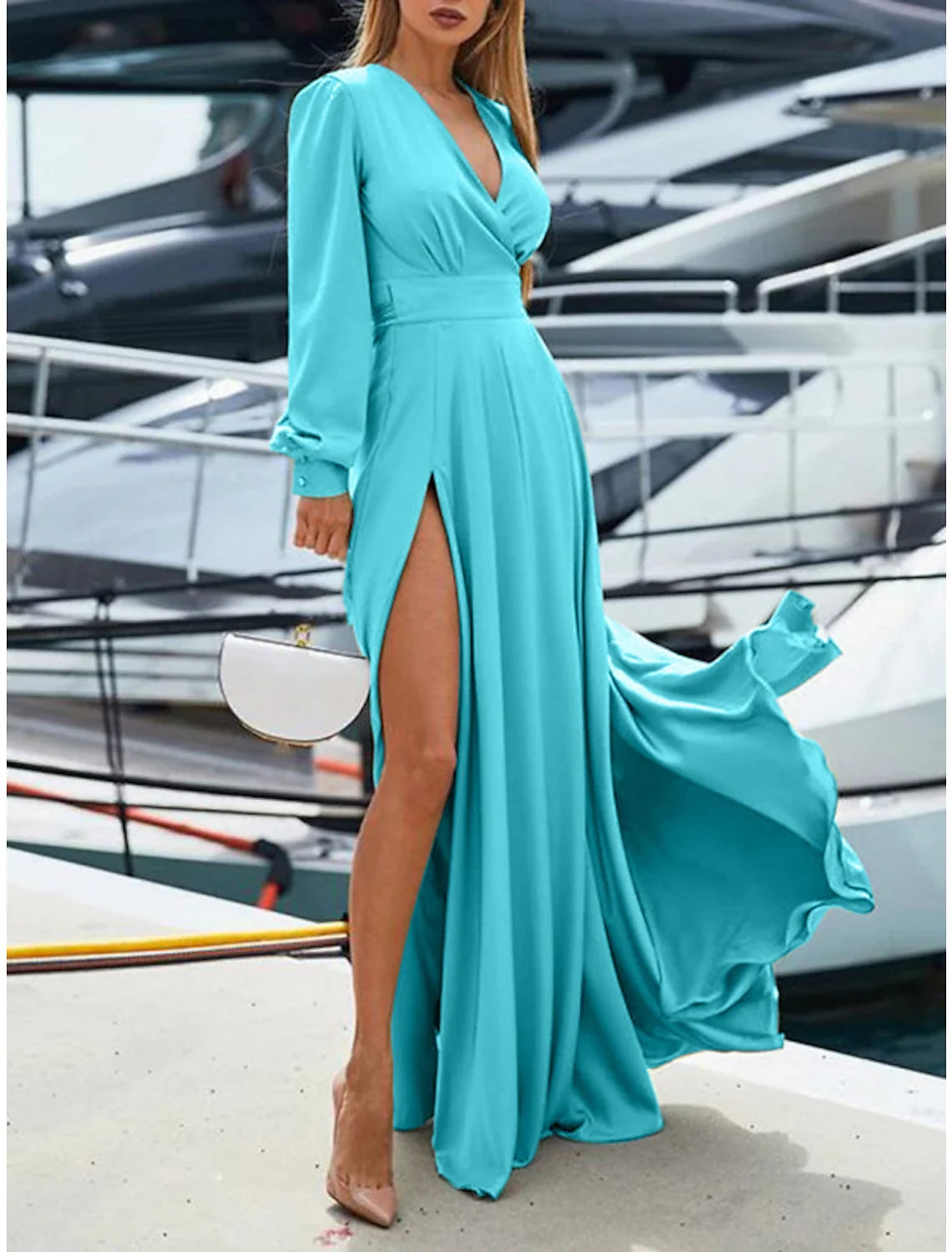 Sheath V-Neck Silk Long Sleeve Train Wedding Dress - Chloe Dress