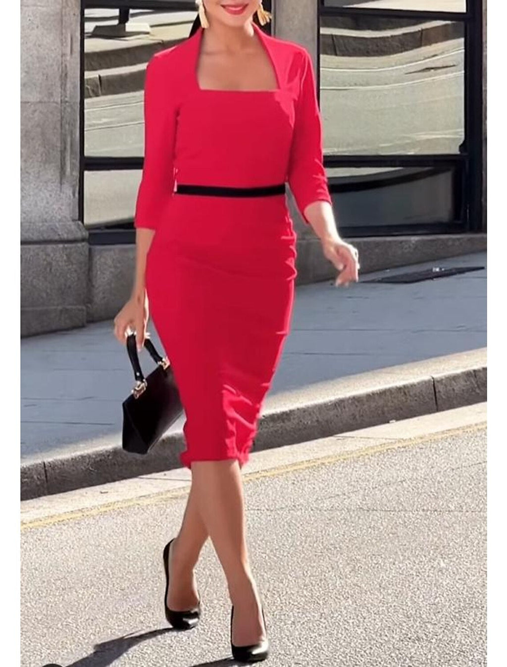 Sheath Square Neck Three-Quarter Sleeve Tea-Length Evening Dress - Chloe Dress