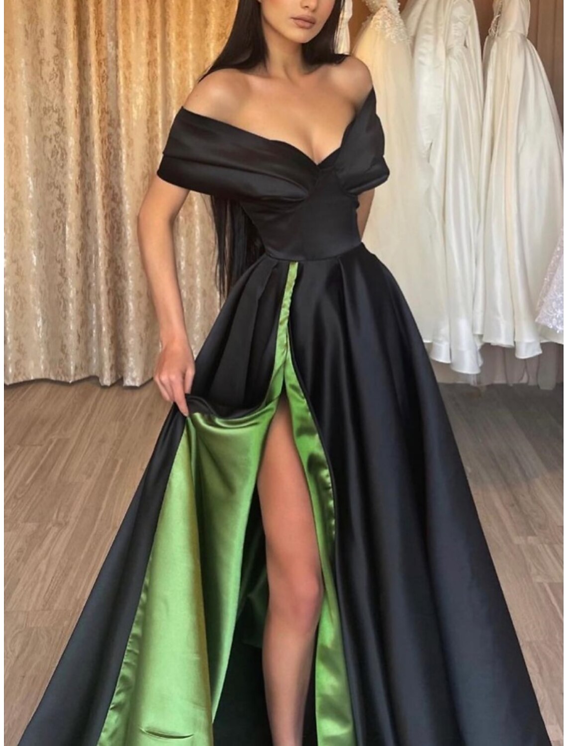 Black A-Line Off-Shoulder Satin Short Sleeve High Slit Floor-Length Evening Gown - Chloe Dress