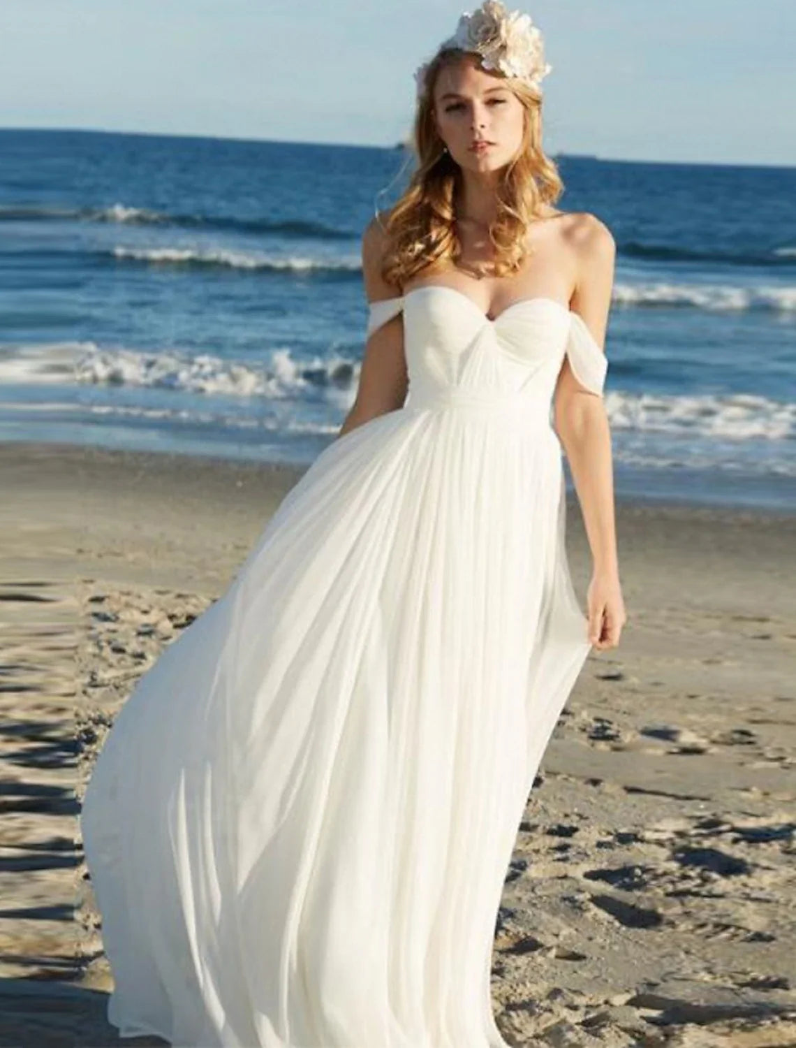 White A-Line V-Neck Chiffon Three-Quarter Sleeve Open Back Knee-Length Wedding Gown - Chloe Dress