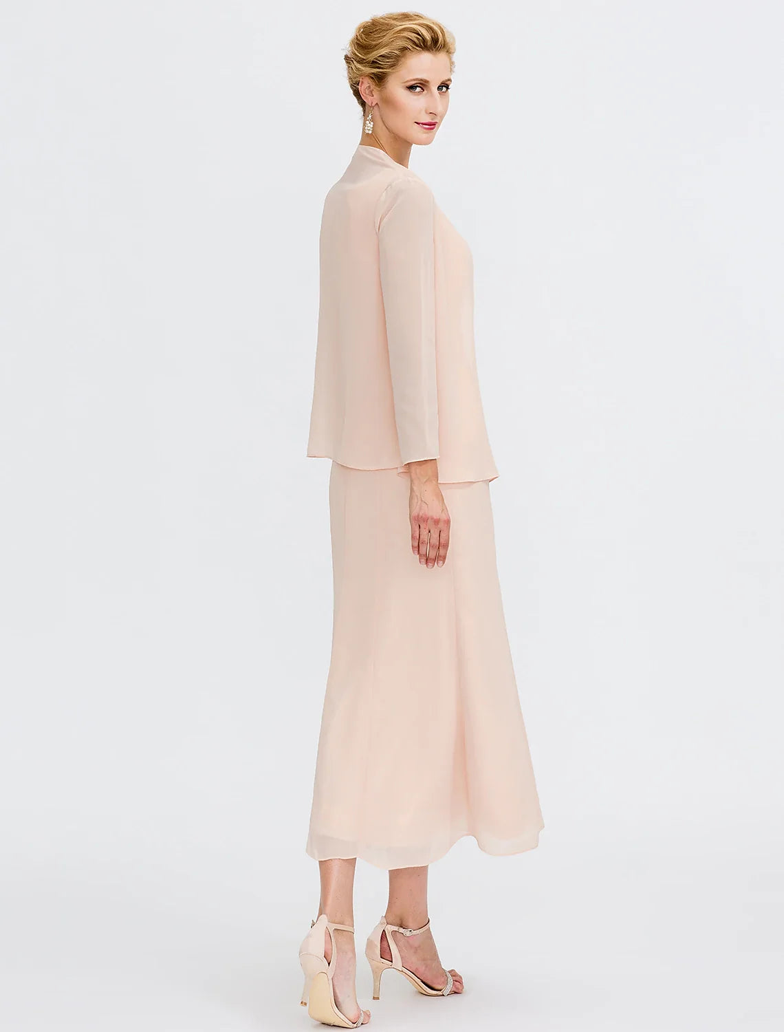 Sheath Chiffon Long Sleeve Pleated Tea-Length Wedding Dress - Chloe Dress