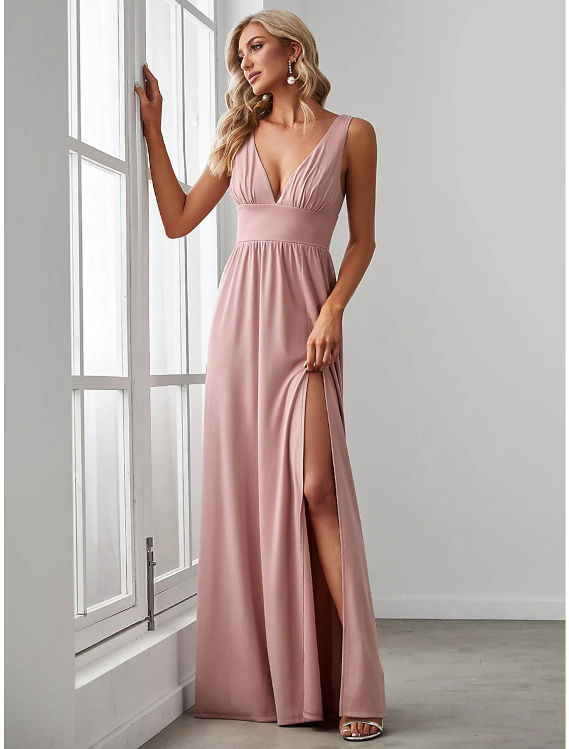 A-Line V-Neck Chiffon Sleeveless High Slit Floor-Length Evening Dress - Chloe Dress