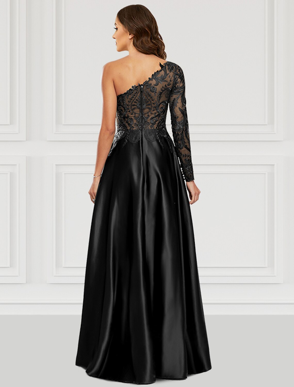 Black A-Line One-Shoulder Satin Long Sleeve High Slit Floor-Length Prom Dress - Chloe Dress