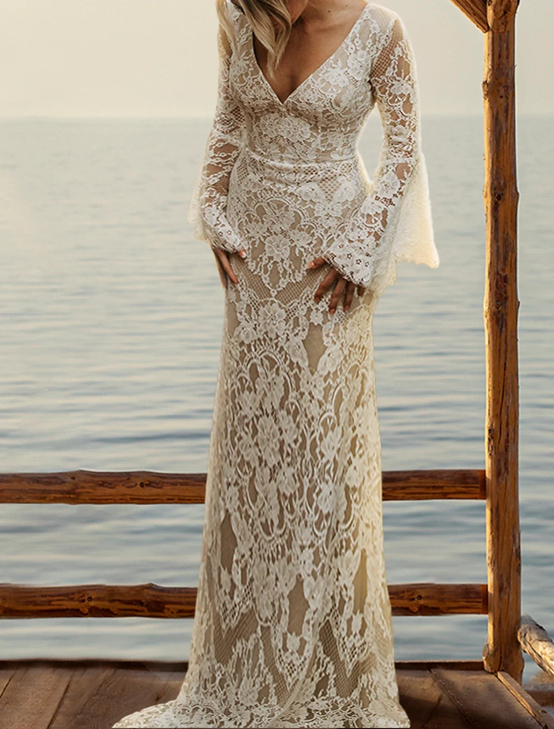 Mermaid V-Neck Lace Long Sleeve Open Back Train Wedding Gown - Chloe Dress