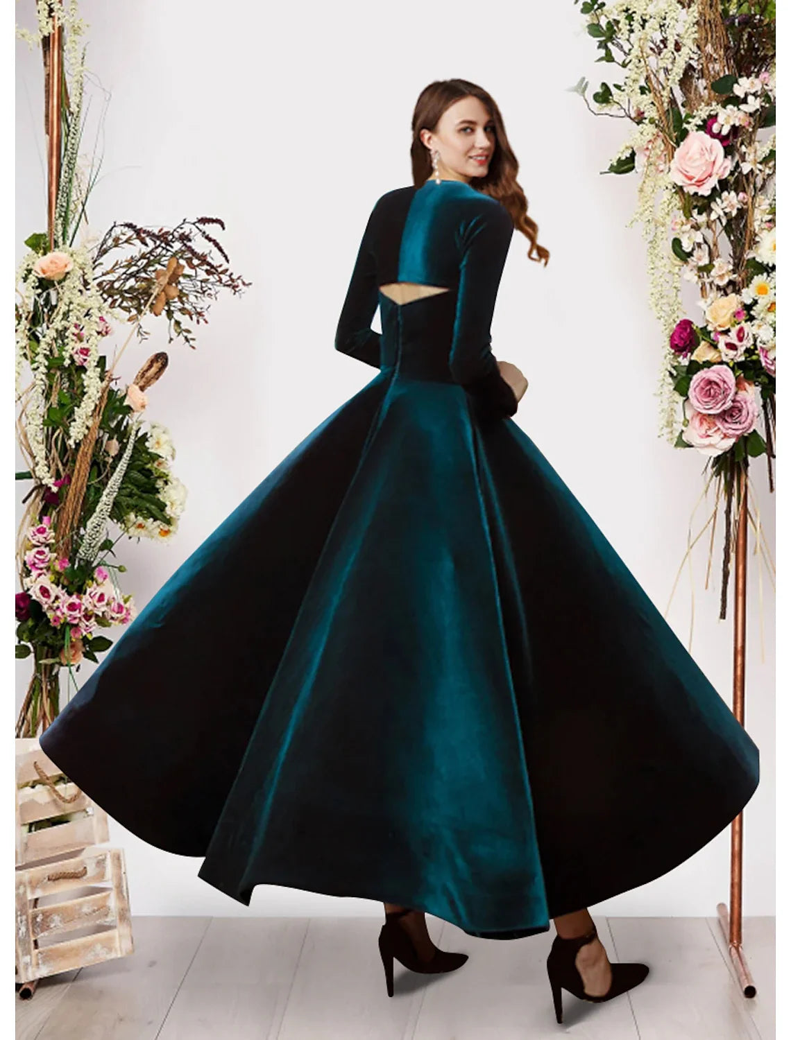 Ball Gown Square Neck Velvet Long Sleeve Ankle-Length Evening Gown - Chloe Dress