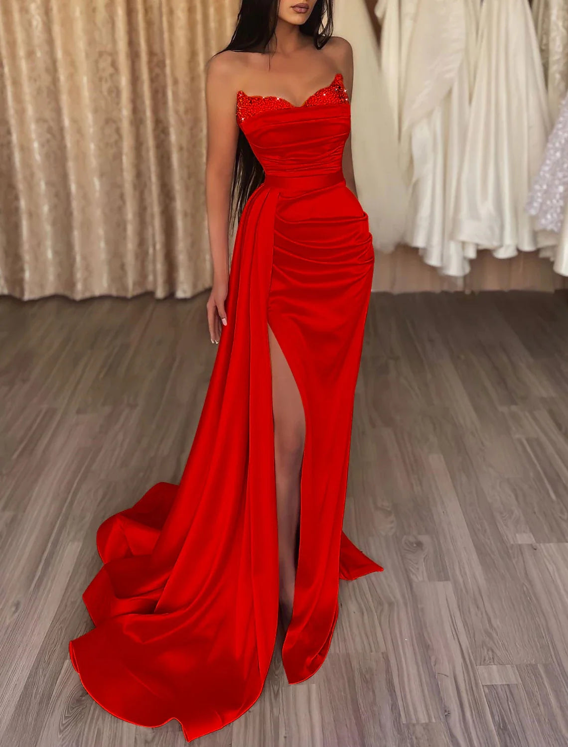 Mermaid Strapless Satin Sleeveless Train Evening Gown - Chloe Dress