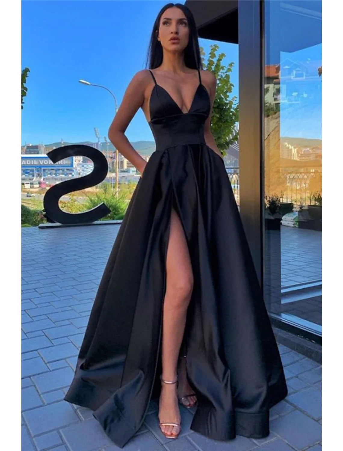 Black A-Line Spaghetti Strap Satin Sleeveless Pleated Evening Dress - Chloe Dress