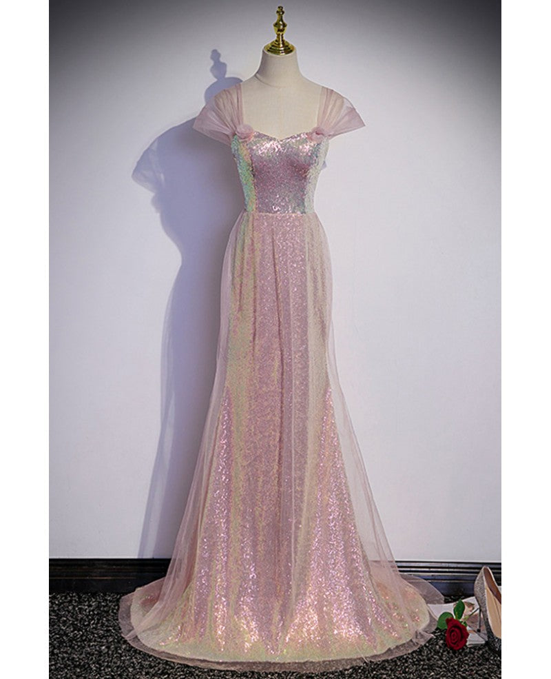 Pink Mermaid Off-Shoulder Sequin Short Sleeve Open Back Mini Evening Dress - Chloe Dress