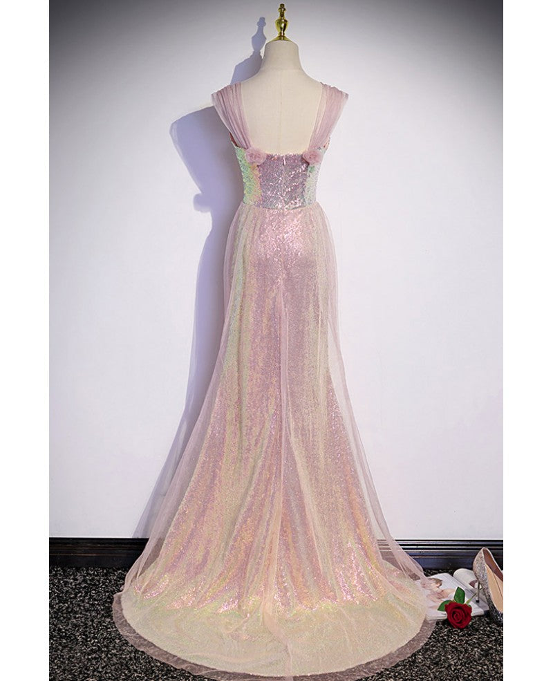 Pink Mermaid Off-Shoulder Sequin Short Sleeve Open Back Mini Evening Dress - Chloe Dress