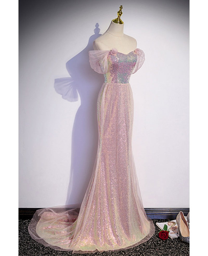 Pink Mermaid Off-Shoulder Sequin Short Sleeve Open Back Mini Evening Dress - Chloe Dress