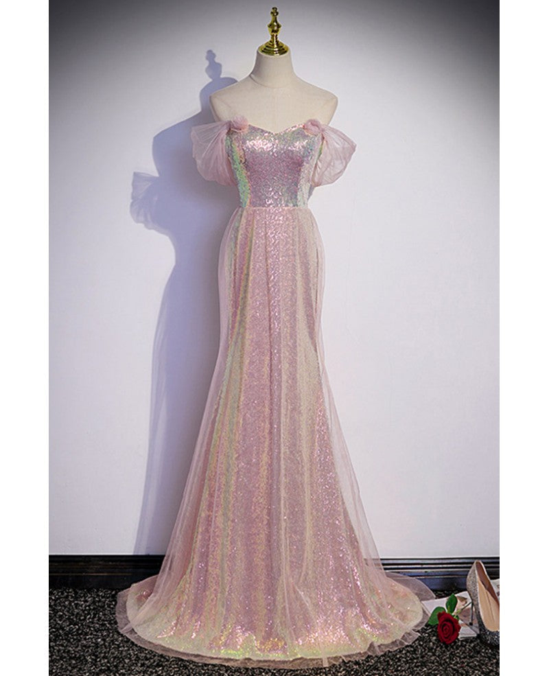 Pink Mermaid Off-Shoulder Sequin Short Sleeve Open Back Mini Evening Dress - Chloe Dress