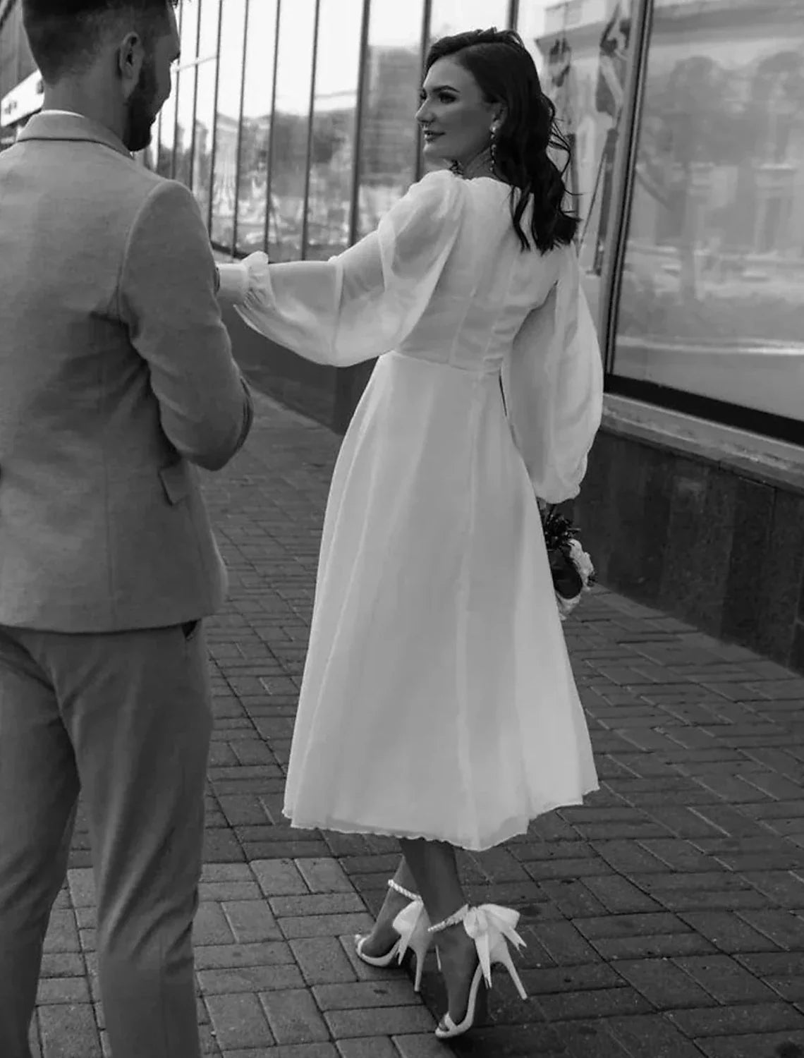 White A-Line V-Neck Chiffon Long Sleeve Ankle-Length Wedding Gown - Chloe Dress