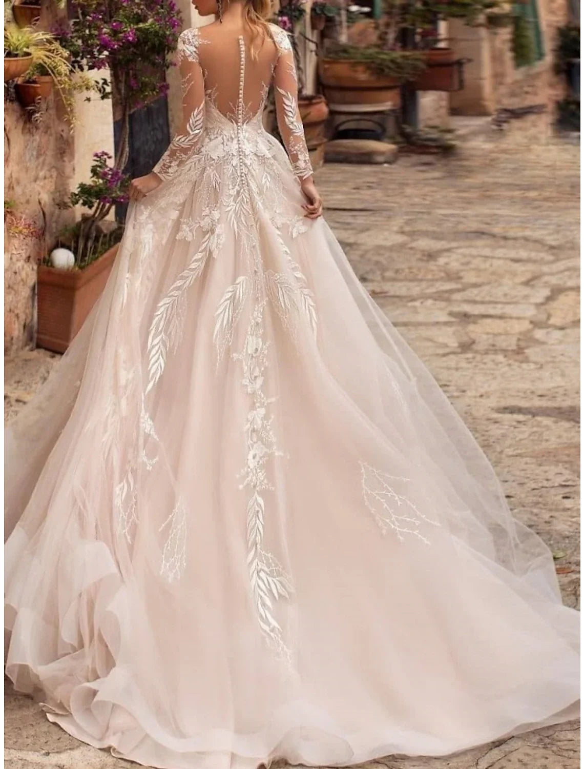 A-Line V-Neck Tulle Long Sleeve Pleated Wedding Gown - Chloe Dress
