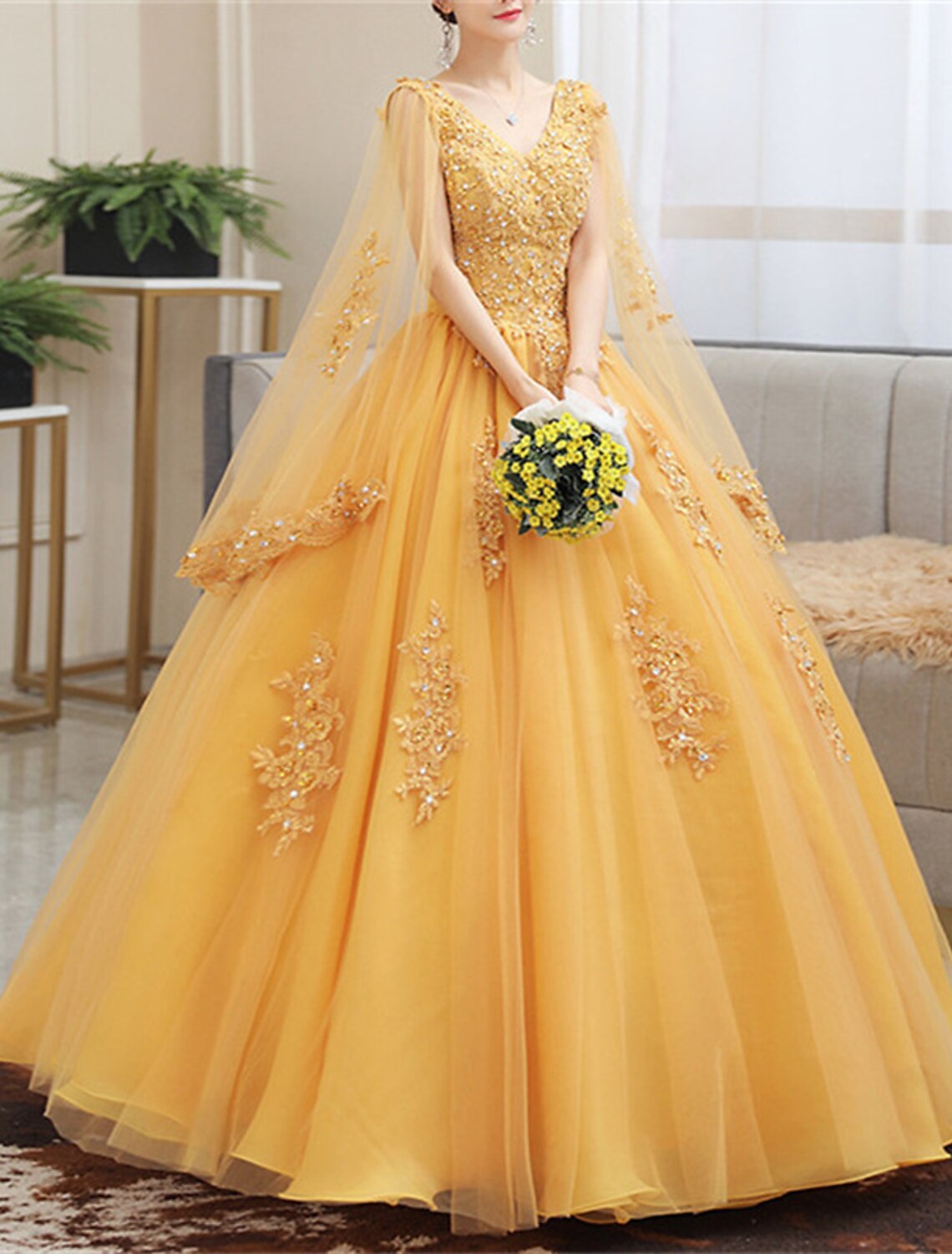 Ball Gown V-Neck Lace Long Sleeve Applique Floor-Length Wedding Gown - Chloe Dress