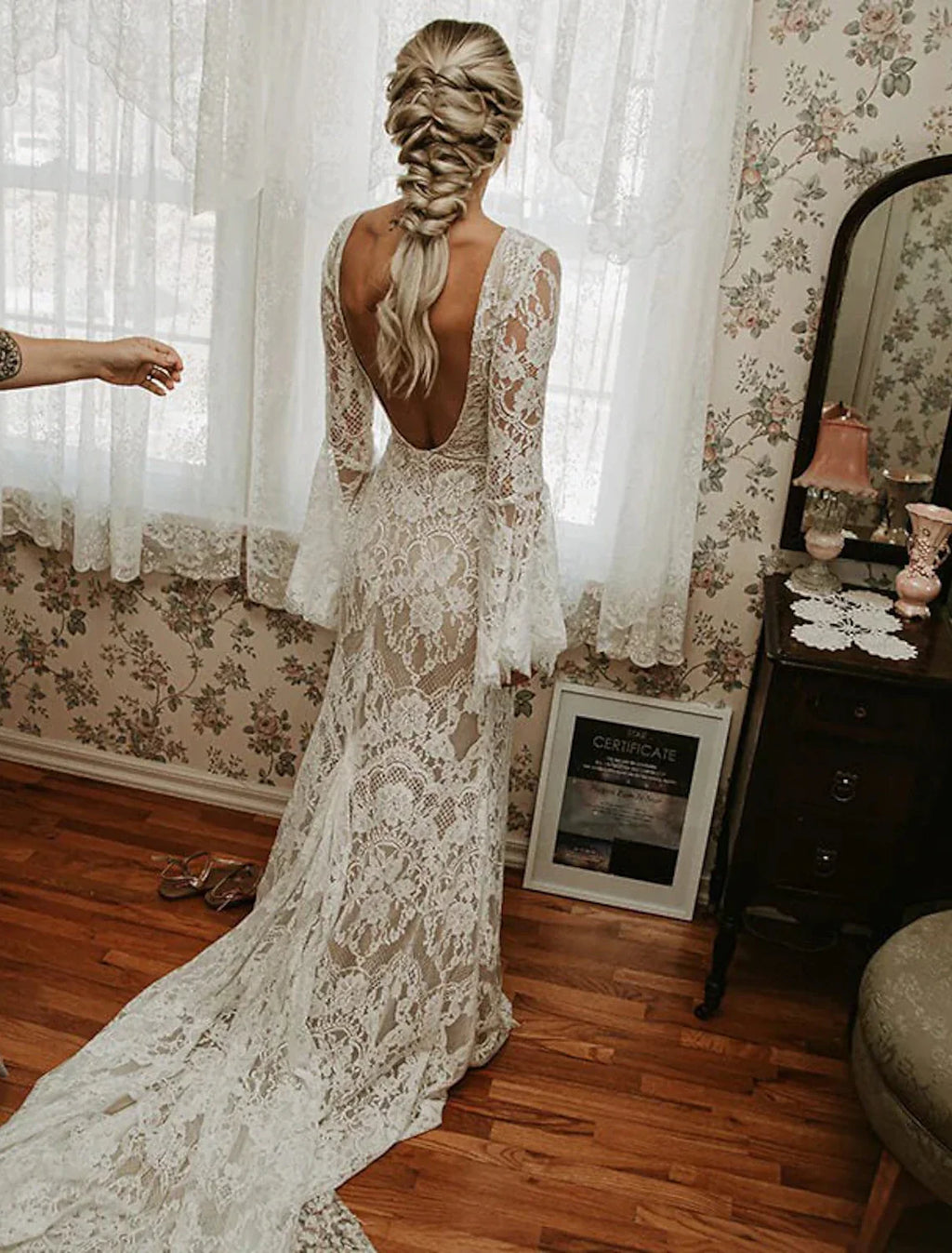 Mermaid V-Neck Lace Long Sleeve Train Wedding Gown - Chloe Dress