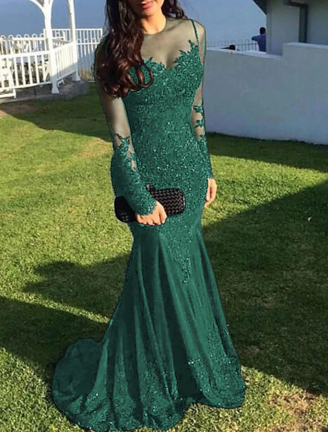 Black Mermaid Illusion Lace Long Sleeve Train Evening Gown - Chloe Dress