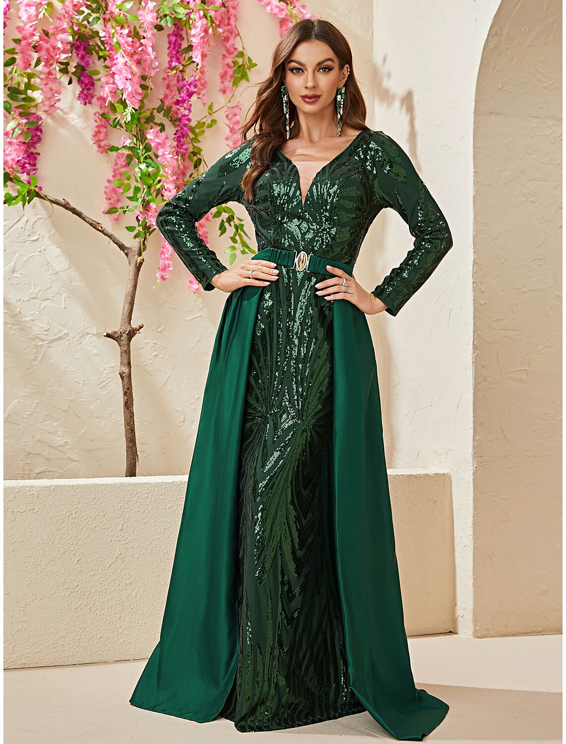 Mermaid V-Neck Sequin Long Sleeve Train Evening Gown - Chloe Dress