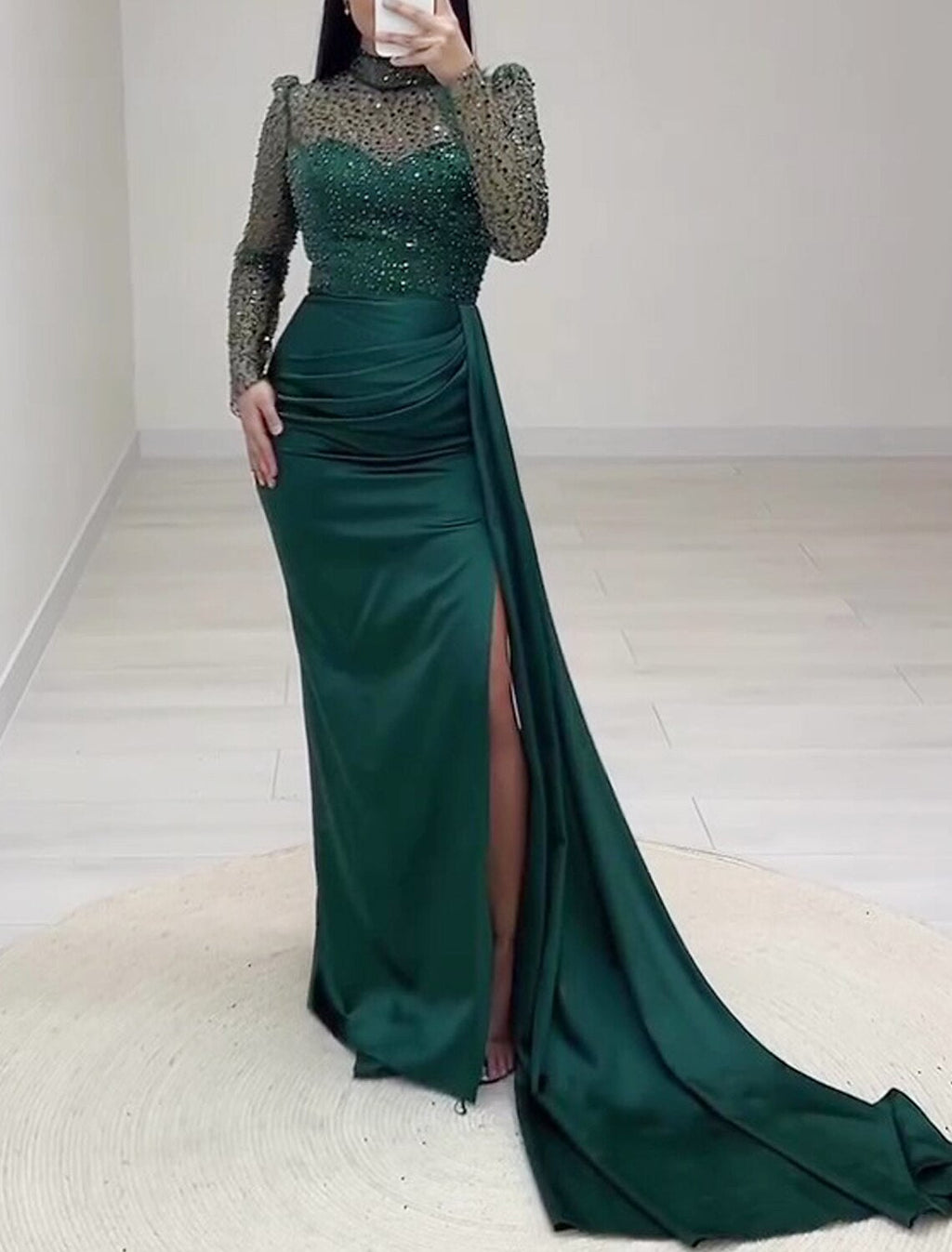 A-Line High Neck Satin Long Sleeve High Slit Evening Gown - Chloe Dress