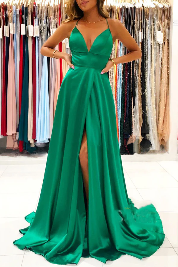 Green V-Neck Satin High Slit Evening Dress - Chloe Dress