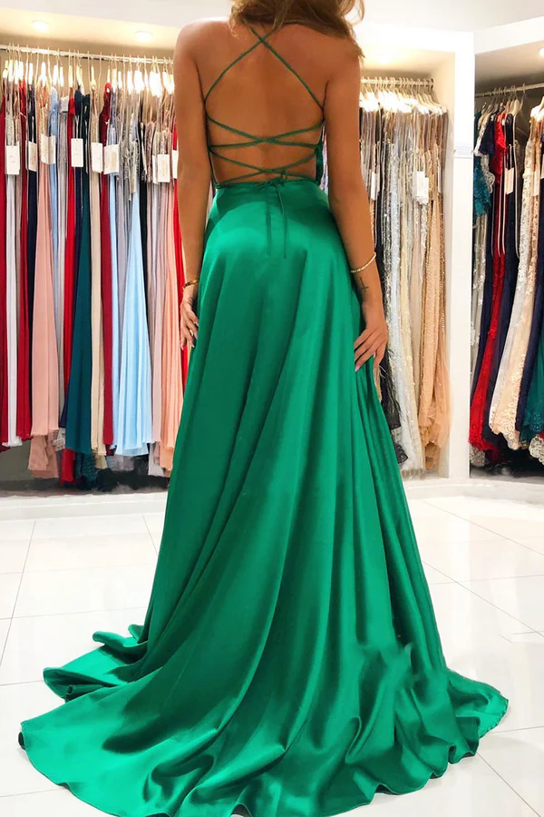 Green V-Neck Satin High Slit Evening Dress - Chloe Dress