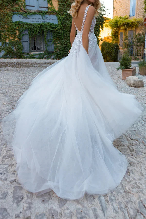 V-Neck Lace Applique Wedding Dress - Chloe Dress