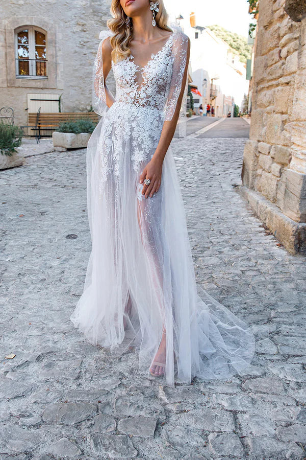 A-Line V-Neck Lace High Slit Wedding Dress - Chloe Dress