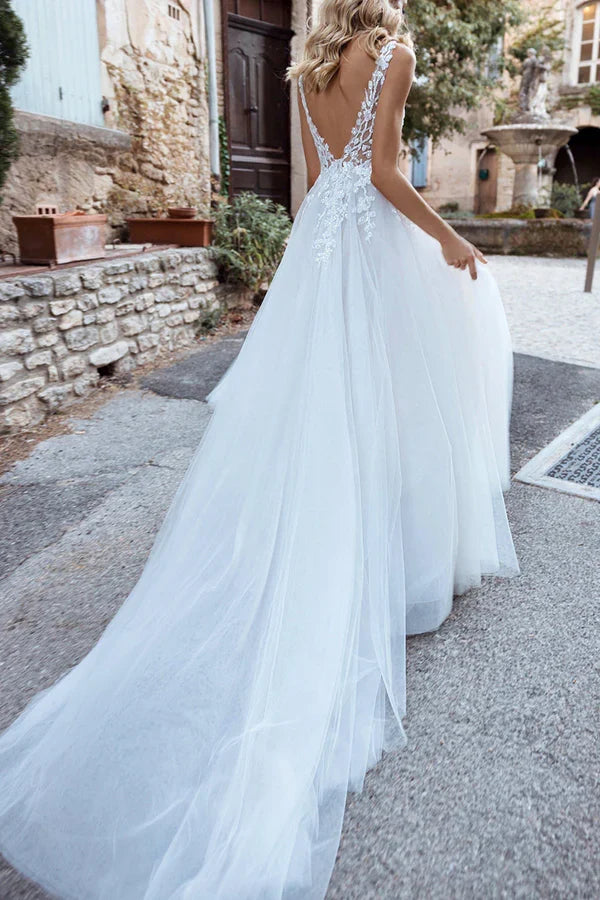 V-Neck Lace Applique Wedding Dress - Chloe Dress