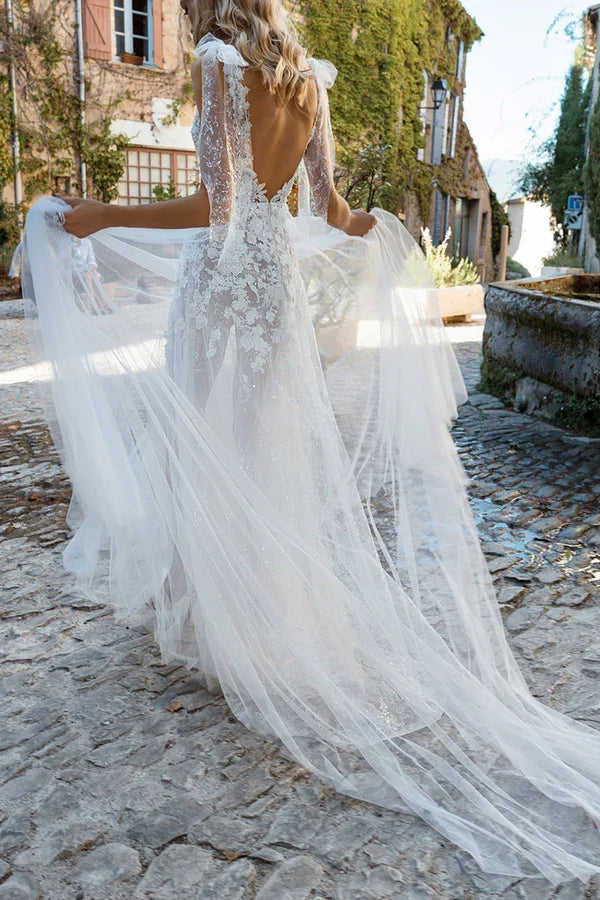 A-Line V-Neck Lace High Slit Wedding Dress - Chloe Dress