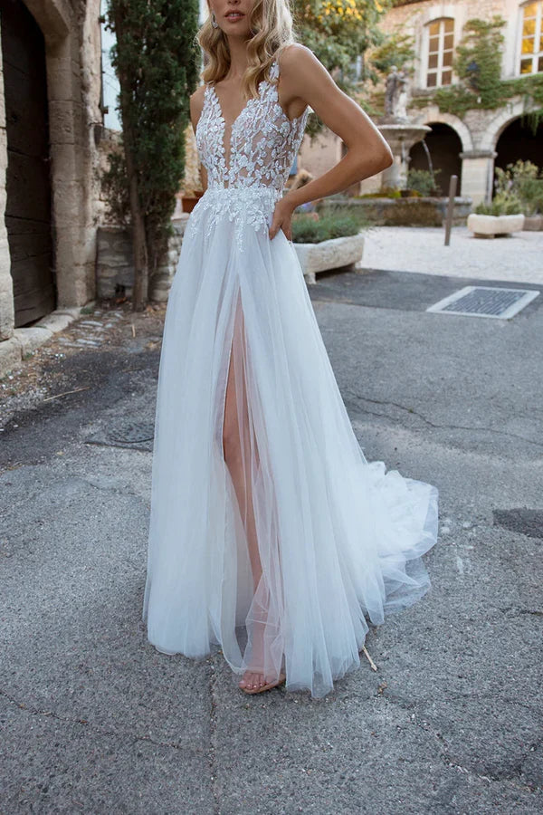 V-Neck Lace Applique Wedding Dress - Chloe Dress