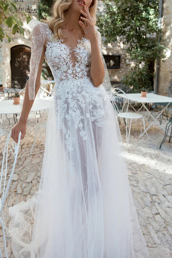 A-Line V-Neck Lace High Slit Wedding Dress - Chloe Dress
