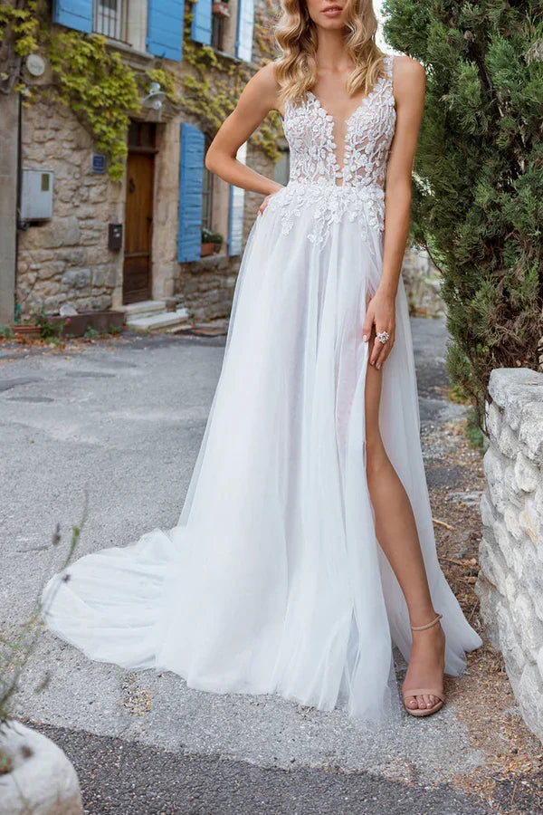 V-Neck Lace Applique Wedding Dress - Chloe Dress