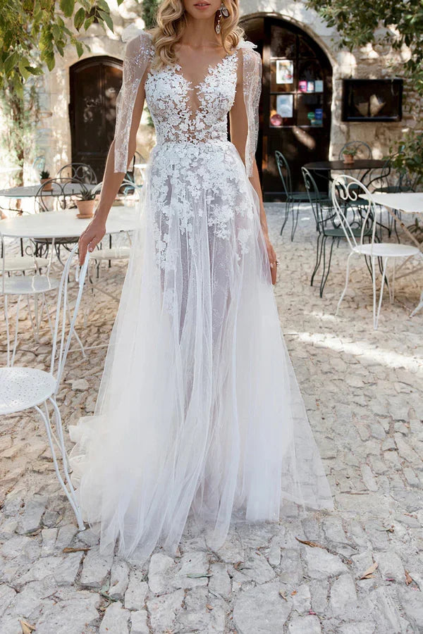 A-Line V-Neck Lace High Slit Wedding Dress - Chloe Dress
