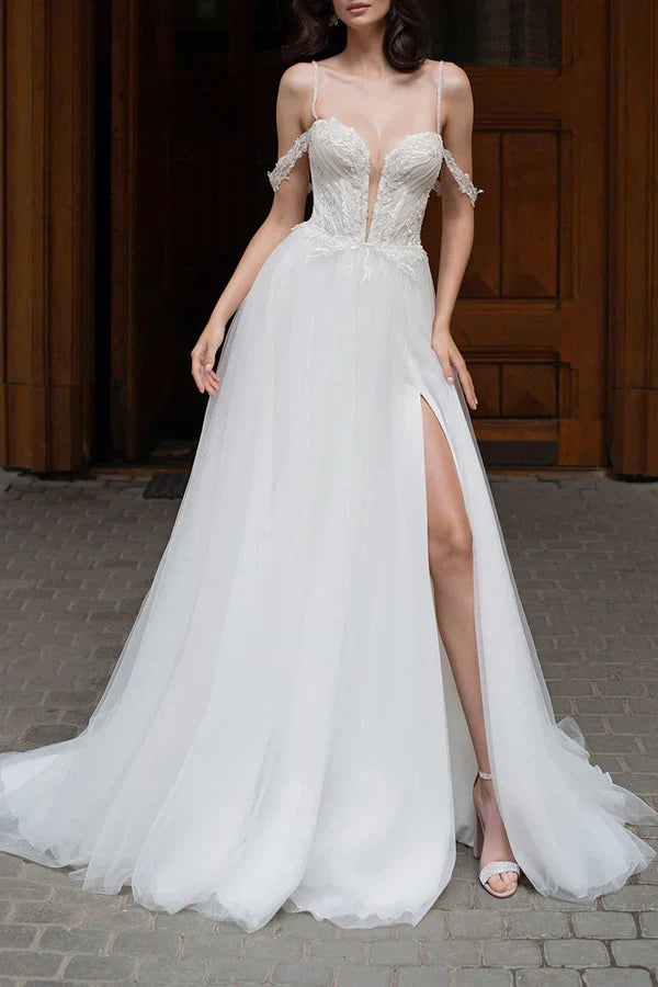 A-Line V-Neck High Slit Wedding Dress - Chloe Dress
