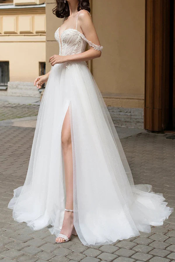 A-Line V-Neck High Slit Wedding Dress - Chloe Dress