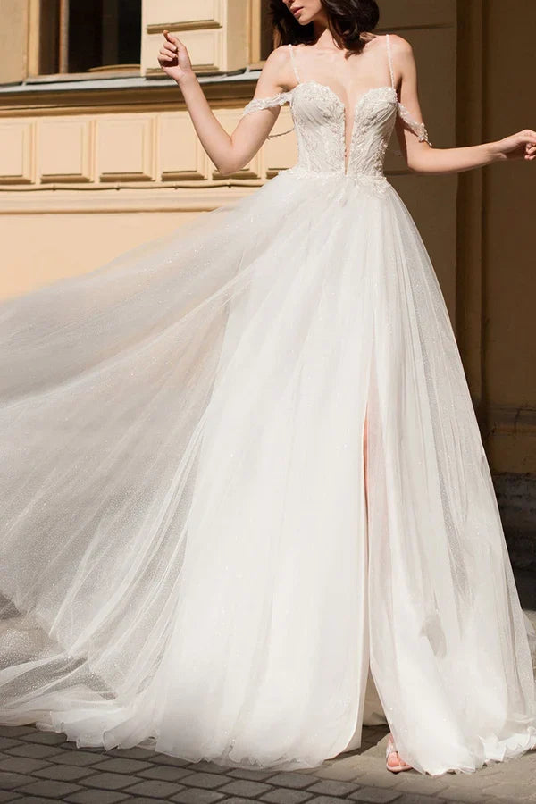 A-Line V-Neck High Slit Wedding Dress - Chloe Dress