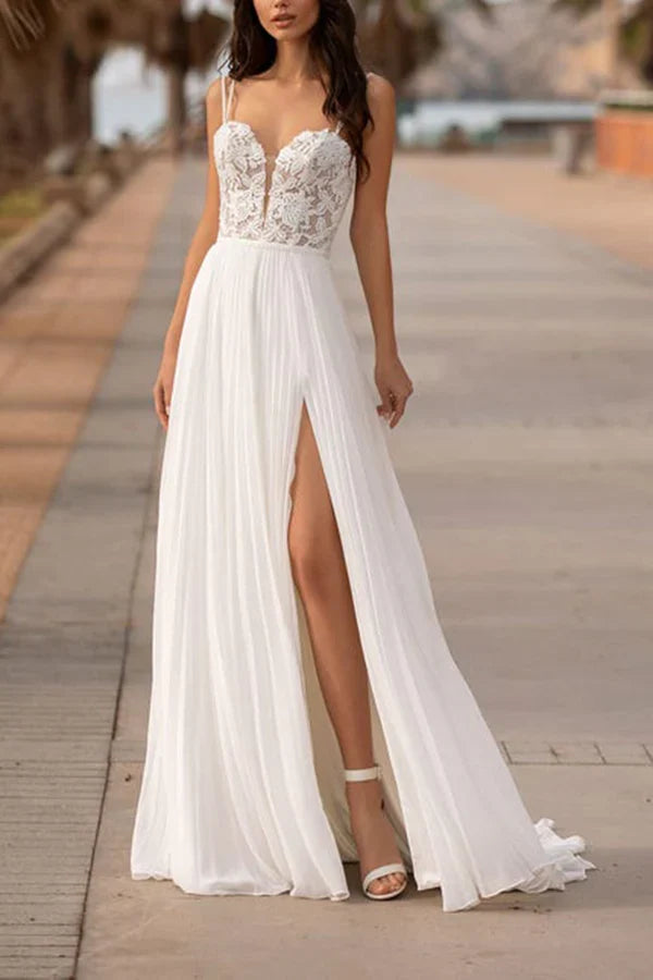 V-Neck Lace High Slit Wedding Dress - Chloe Dress