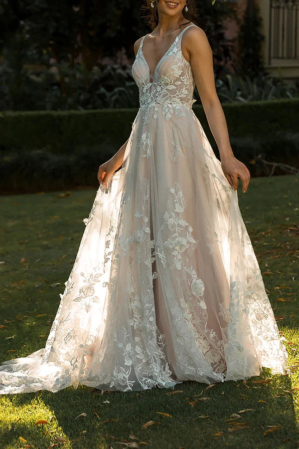 V-Neck Lace Train Wedding Dress - Chloe Dress