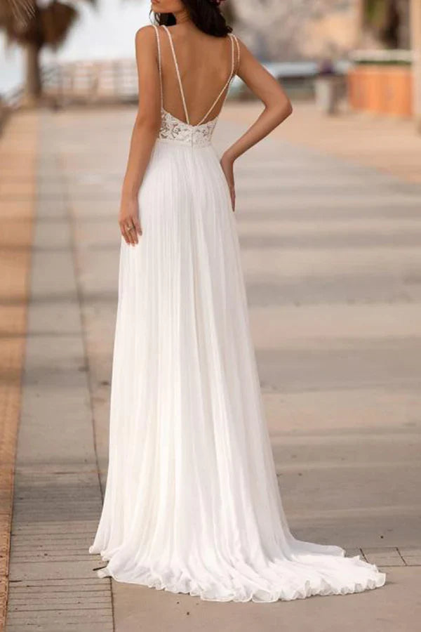 V-Neck Lace High Slit Wedding Dress - Chloe Dress