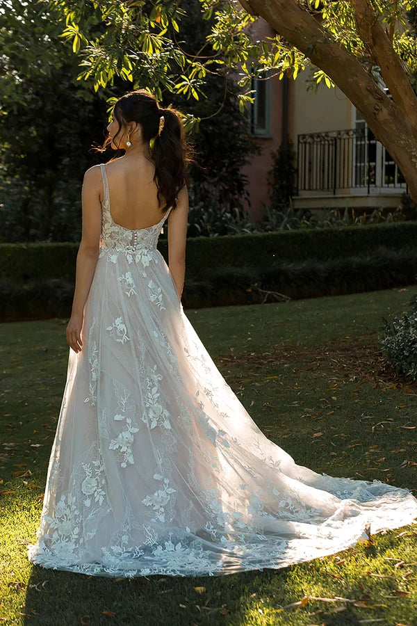 V-Neck Lace Train Wedding Dress - Chloe Dress
