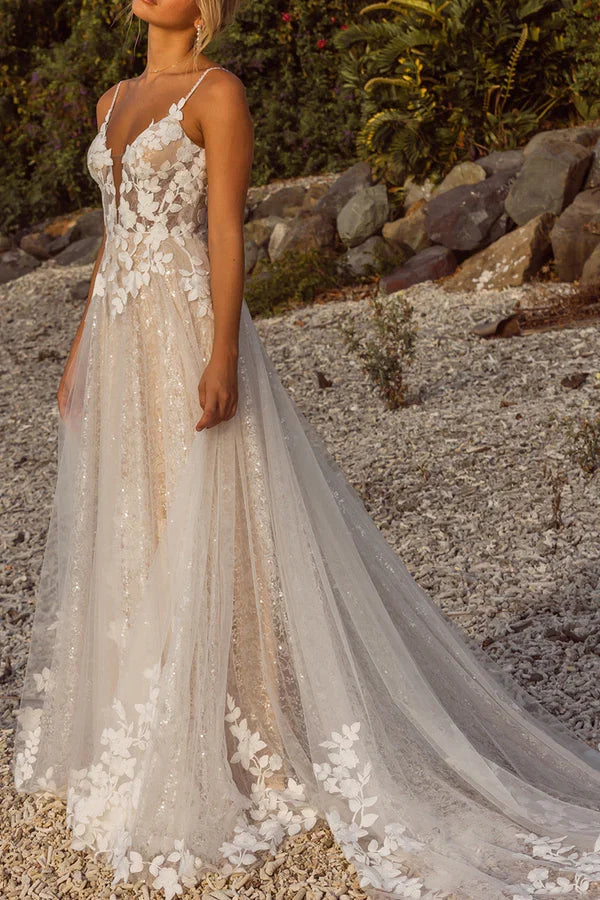 V-Neck Lace Train Wedding Dress - Chloe Dress