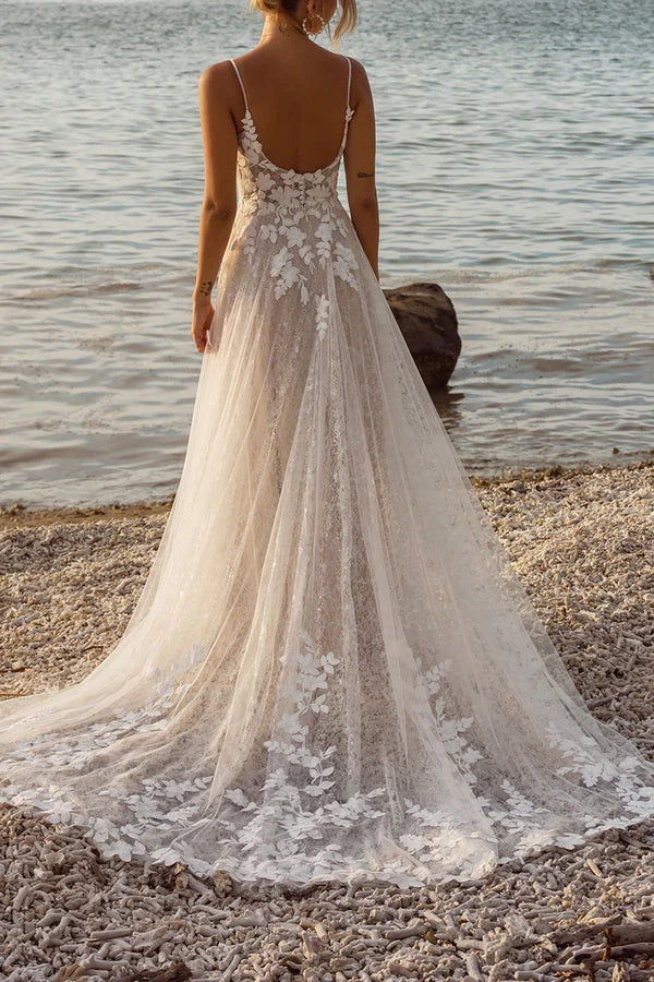 V-Neck Lace Train Wedding Dress - Chloe Dress