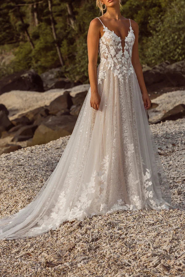 V-Neck Lace Train Wedding Dress - Chloe Dress