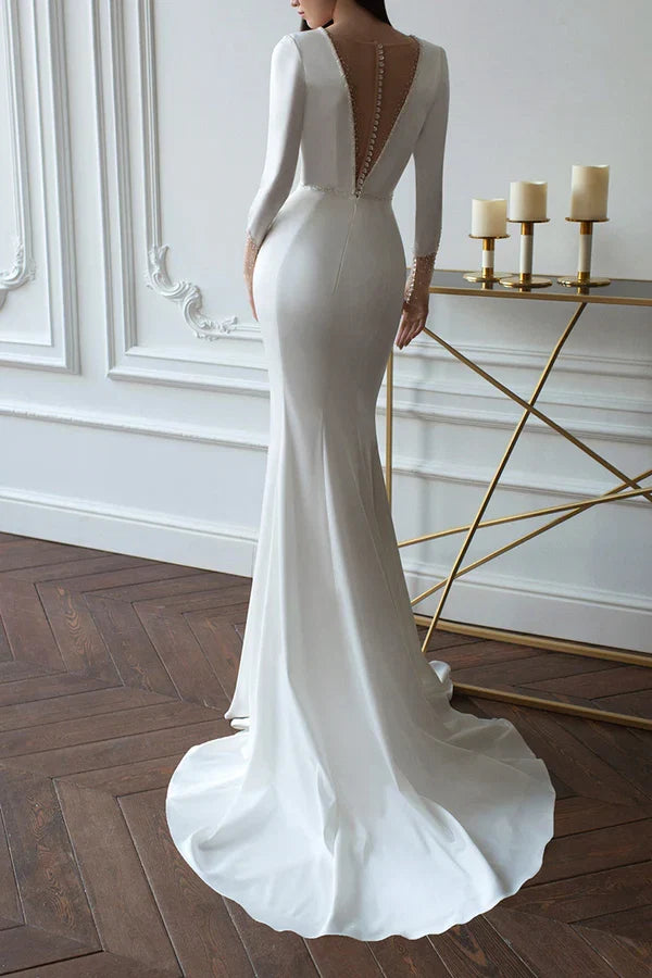 Sheath V-Neck Satin Long Sleeve Train Wedding Dress - Chloe Dress