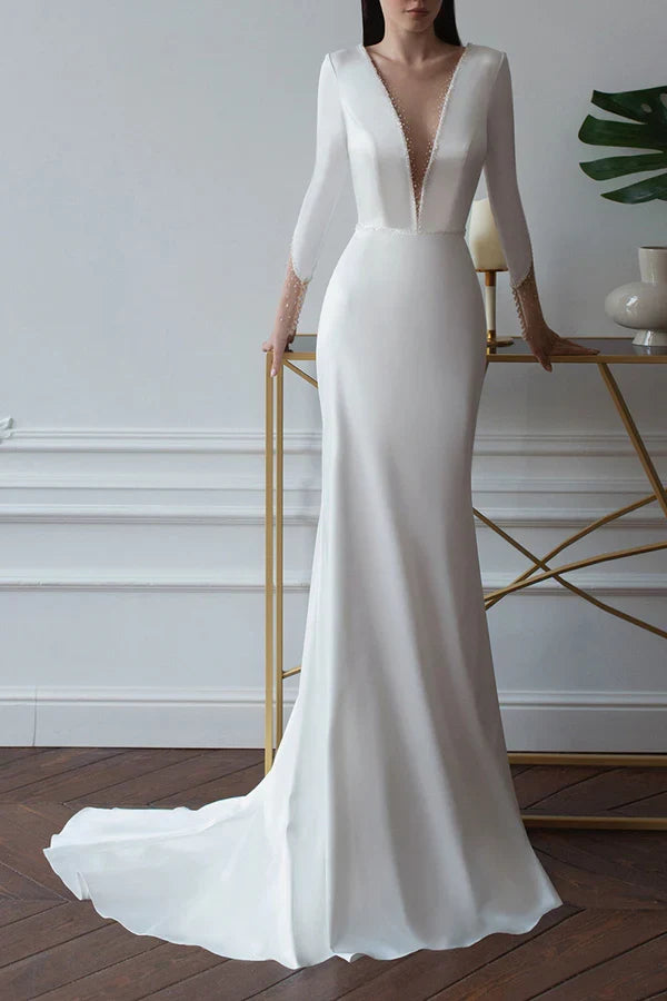 Sheath V-Neck Satin Long Sleeve Train Wedding Dress - Chloe Dress