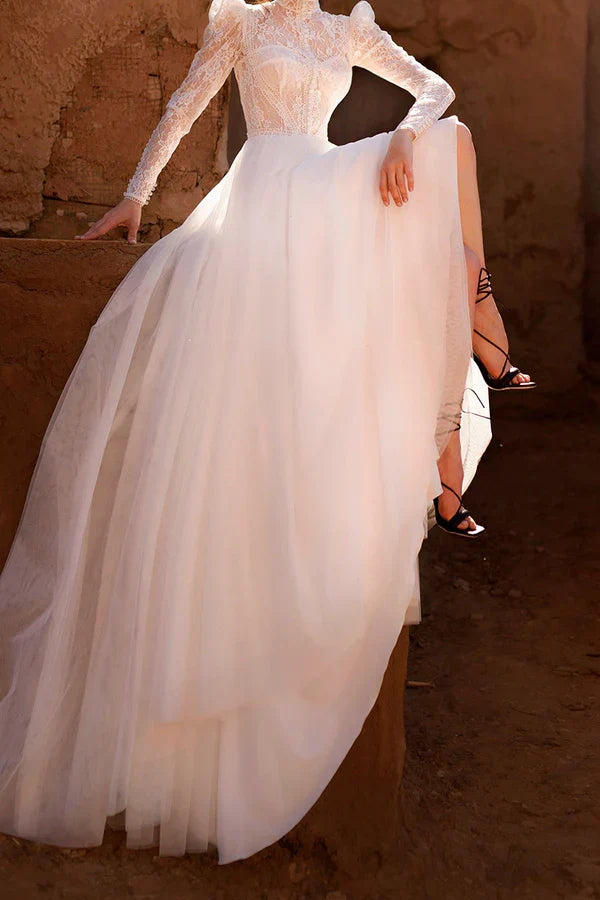 A-Line High Neck Lace Long Sleeve Wedding Dress - Chloe Dress