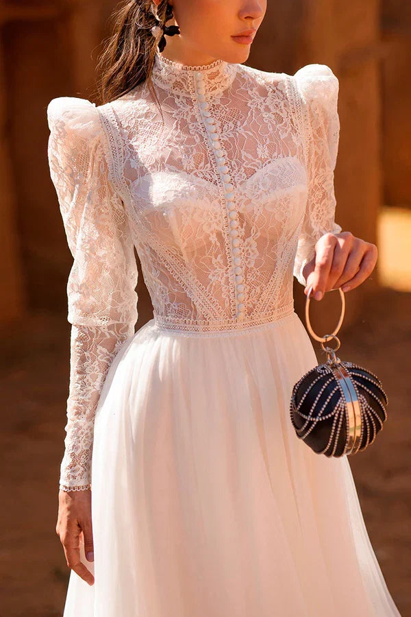 A-Line High Neck Lace Long Sleeve Wedding Dress - Chloe Dress