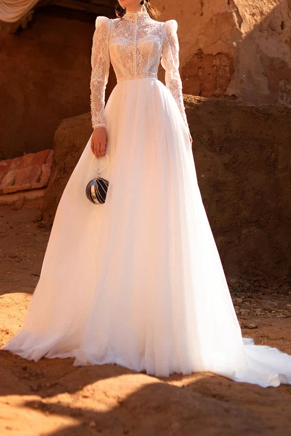 A-Line High Neck Lace Long Sleeve Wedding Dress - Chloe Dress