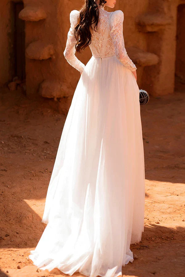 A-Line High Neck Lace Long Sleeve Wedding Dress - Chloe Dress